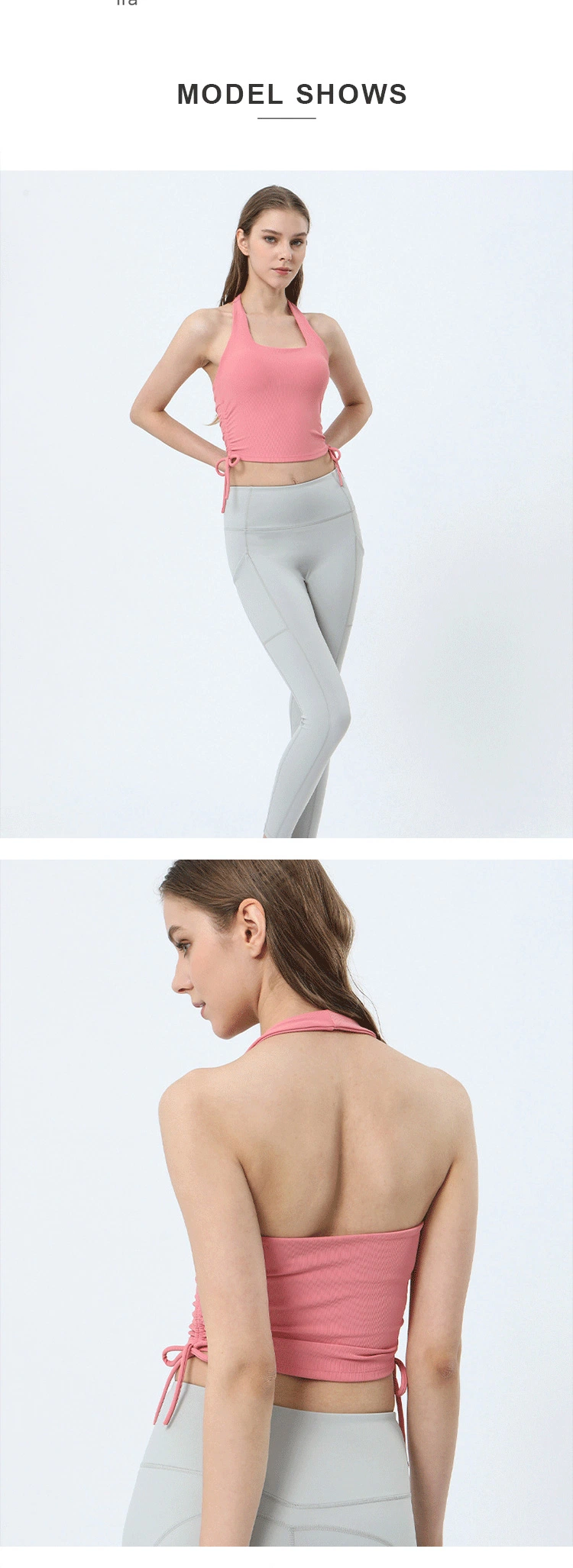 Women New Backless Yoga Vest Drawcord Sports Vest Build-in Padding Hanging Neck Running Sports Fitness Vest