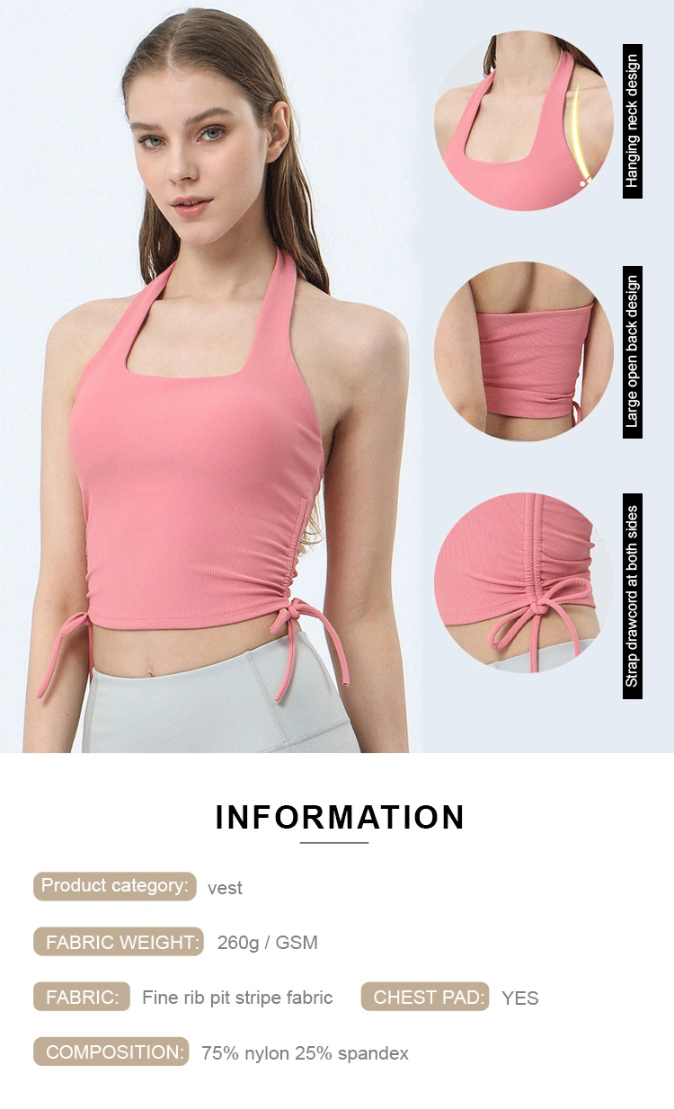 Women New Backless Yoga Vest Drawcord Sports Vest Build-in Padding Hanging Neck Running Sports Fitness Vest