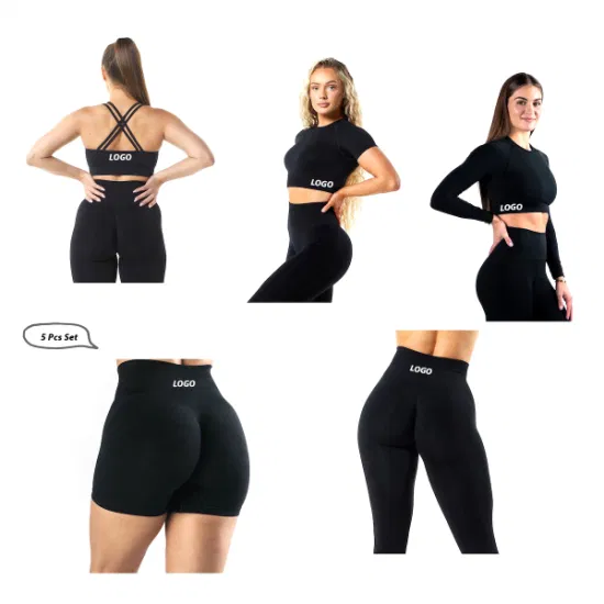 Heißer Verkauf 5-teiliges Set Sport-Fitness-Trainingsanzüge Nahtlose Kompressions-Fitnessstudio-Kleidung für Frauen, individuelles Logo-Fitness-Top + Yoga-Shorts + Trainings-Leggings Aktivbekleidung