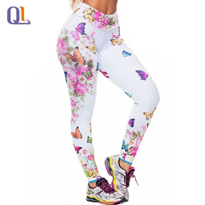 Bunte Schmetterlings-Pfingstrosen-Blumenmuster-Druck-Leggings, schlanke Fitness-Sport-Yoga-Hosen