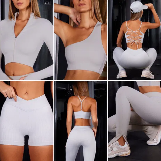 Neues Angebot, 7-teilig, sexy sportliche Activewear-Sets, gerippte Yoga-Kleidung für Damen, individuelles Logo, nahtlose Damen-Freizeitsportbekleidung, Workout-Gymnastikbekleidung